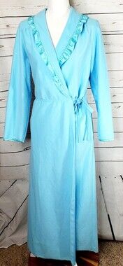 Vintage Henson Kickernick Blue Fleece Side Tie Robe Hostess Gown Satin Ruffle M